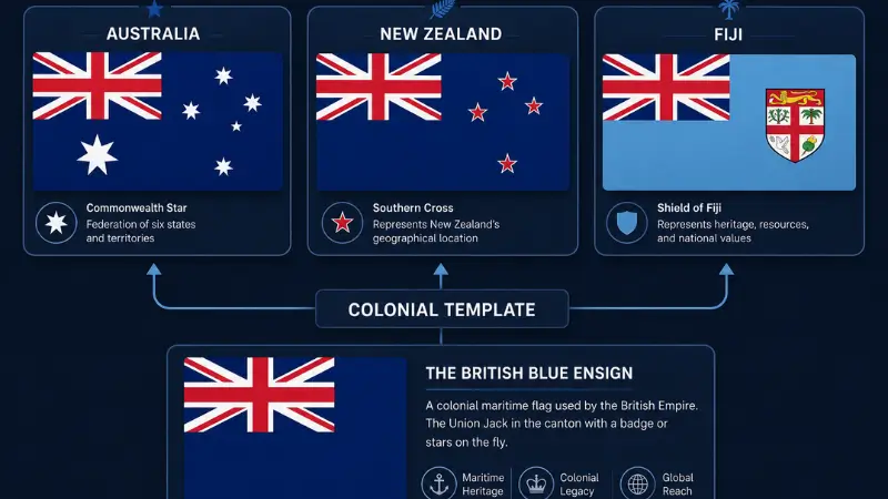 Australia New Zealand Fiji flags showing colonial Blue Ensign inheritance