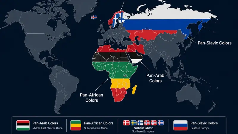 World map showing Pan-Arab Pan-African Nordic Pan-Slavic flag color regions