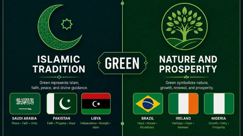 Flag green color symbolism Islam nature prosperity split infographic