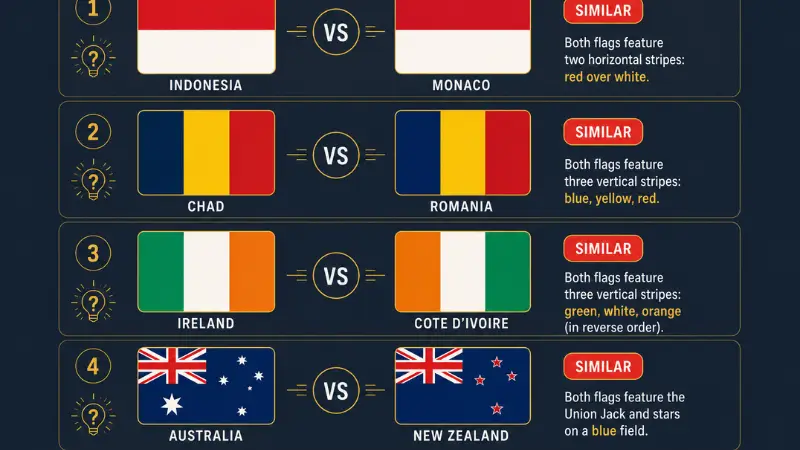 Most confused flag pairs Indonesia Monaco Chad Romania Ireland Ivory Coast Australia New Zealand