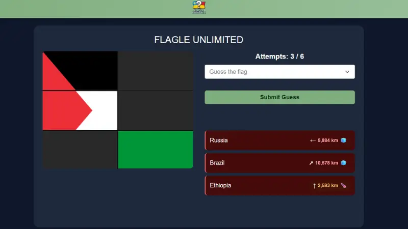 Flagle Unlimited guess history showing strategic geographic elimination with distance arrows