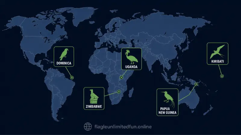 World map showing locations of unique bird flags Uganda Dominica Kiribati Papua New Guinea Zimbabwe