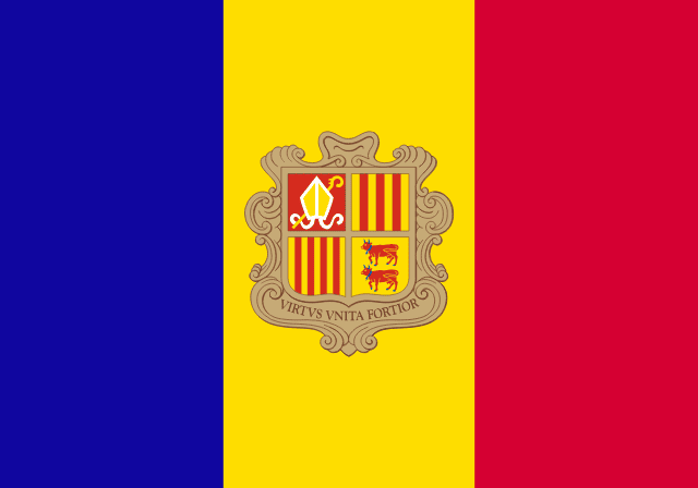Flag of Andorra — blue yellow red vertical tricolor with coat of arms