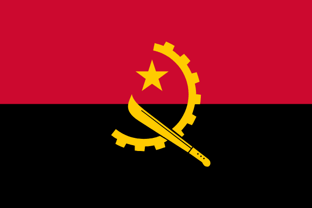 Flag of Angola — red and black horizontal bicolor with yellow emblem