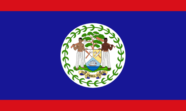 Flag of Belize — blue and red with white circle containing coat of arms with human figures and animals