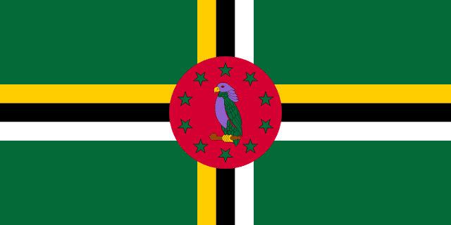 Flag of Dominica — green field with cross and Sisserou parrot in central circle