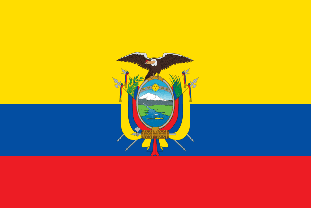 Flag of Ecuador — yellow blue red horizontal tricolor with detailed coat of arms