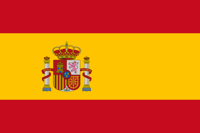 Flag of Spain — red yellow red horizontal tricolor with coat of arms featuring crowned lion and castle