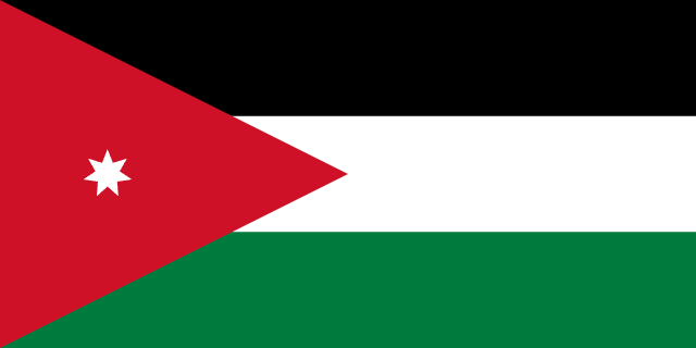 Flag of Jordan — black white green stripes with red triangle and star