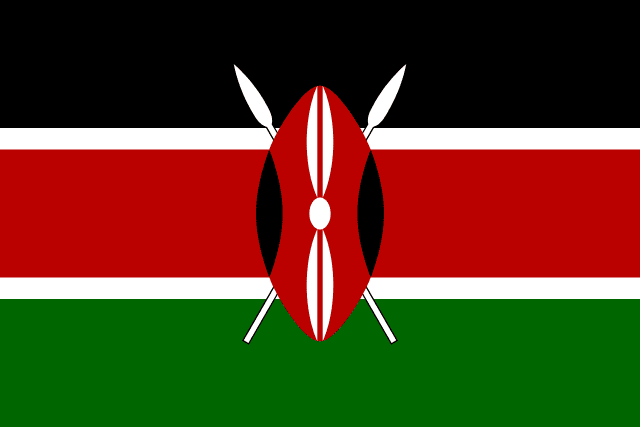 Flag of Kenya — black red green horizontal stripes with Maasai shield and spears