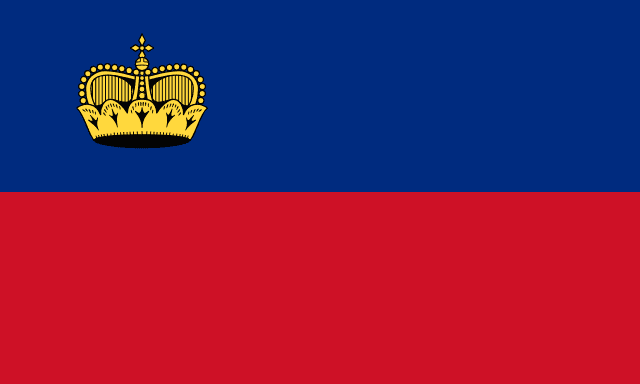 Flag of Liechtenstein — blue and red horizontal bicolor with golden crown