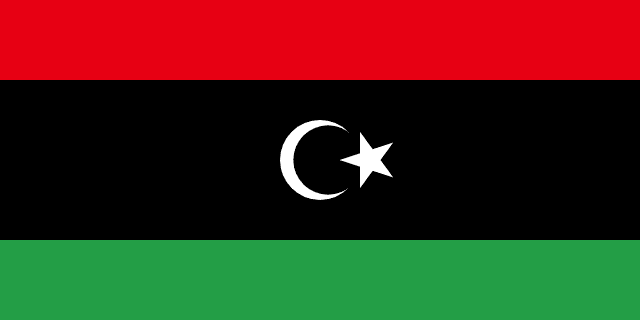 Flag of Libya — black red green horizontal stripes with white crescent and star