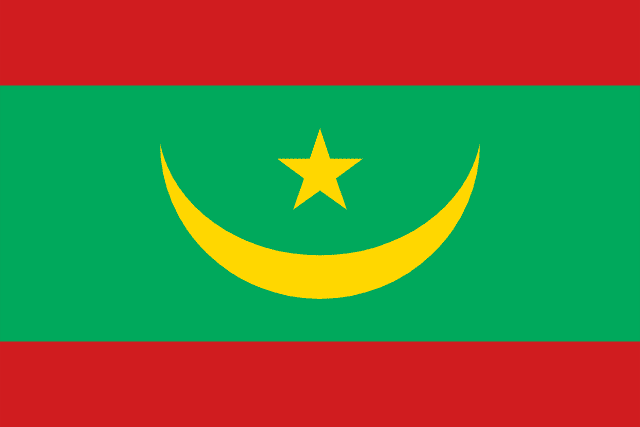 Flag of Mauritania — green field with gold crescent and star and red horizontal stripes top and bottom