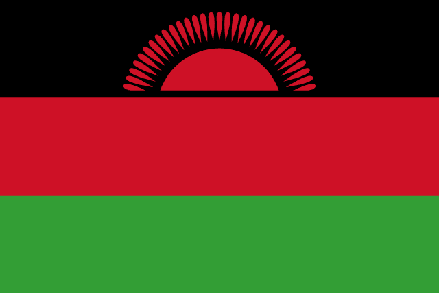 Flag of Malawi — black red green horizontal stripes with red rising sun symbol