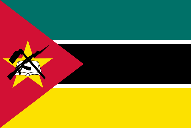Flag of Mozambique — green black yellow stripes with red triangle and AK-47