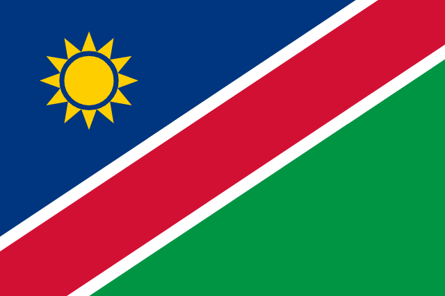 Flag of Namibia — blue red green diagonal stripes with golden sun in upper left