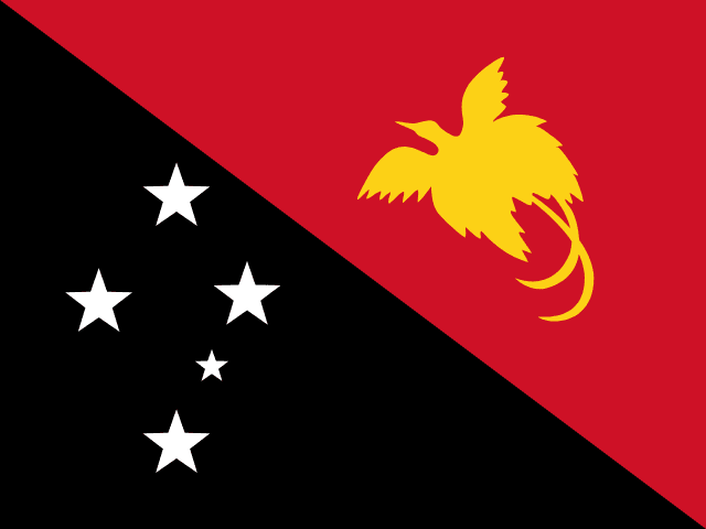 Flag of Papua New Guinea — red and black diagonal with Southern Cross and Raggiana bird-of-paradise