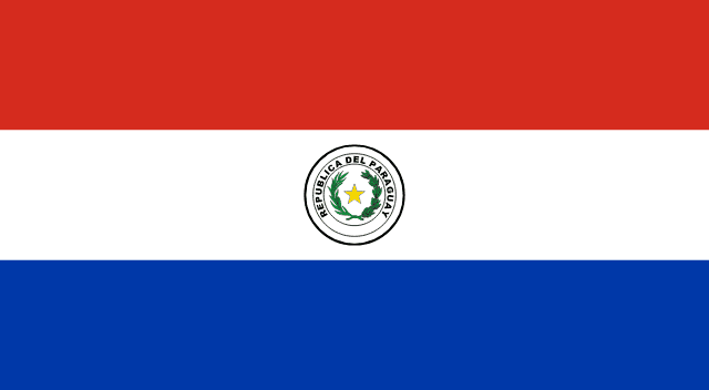 Flag of Paraguay — red white blue horizontal tricolor with treasury seal featuring eagle