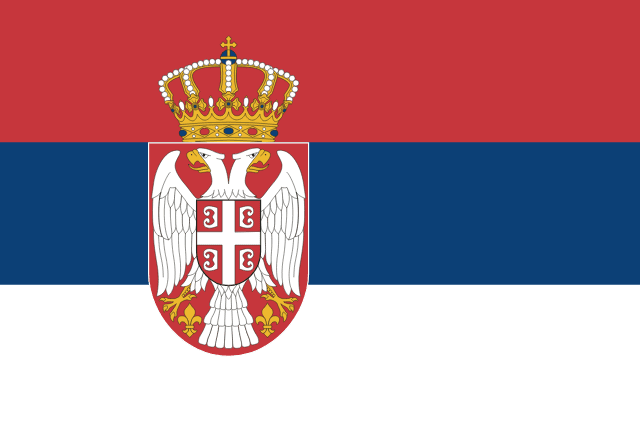 Flag of Serbia — red blue white tricolor with coat of arms featuring double headed eagle