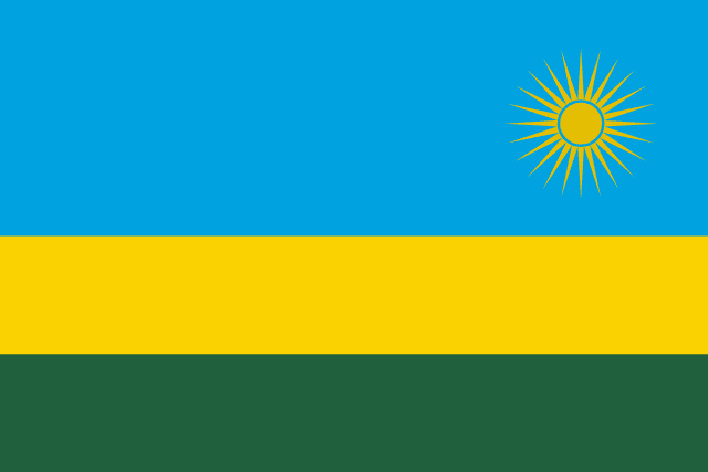 Flag of Rwanda — blue yellow green horizontal stripes with yellow sun in upper right