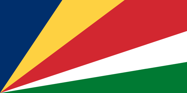 Flag of Seychelles — five radiating bands of blue yellow red white green from lower left corner