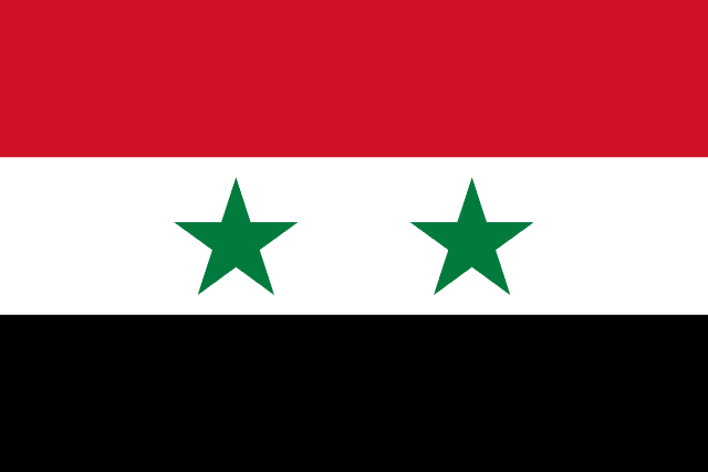 Flag of Syria — green white black horizontal stripes with two red stars pre-2024 design