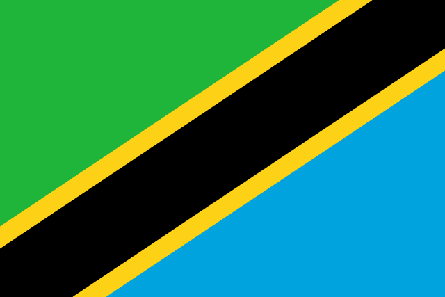 Flag of Tanzania — green and blue triangles divided by black stripe with yellow borders