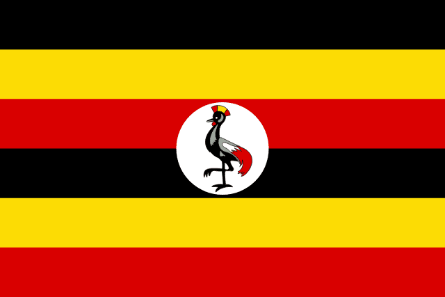 Flag of Uganda — black yellow red horizontal stripes with grey crowned crane in white circle