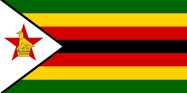Flag of Zimbabwe — green yellow red black white stripes with red star and Zimbabwe bird